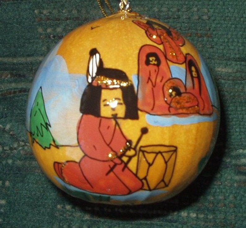 LITTLE DRUMMER BOY Hand-painted gourd ornament www.hand-paintedgourds.com Christmas Ornament by Sandy Short, Drum, and nativity, angel, boy image 1