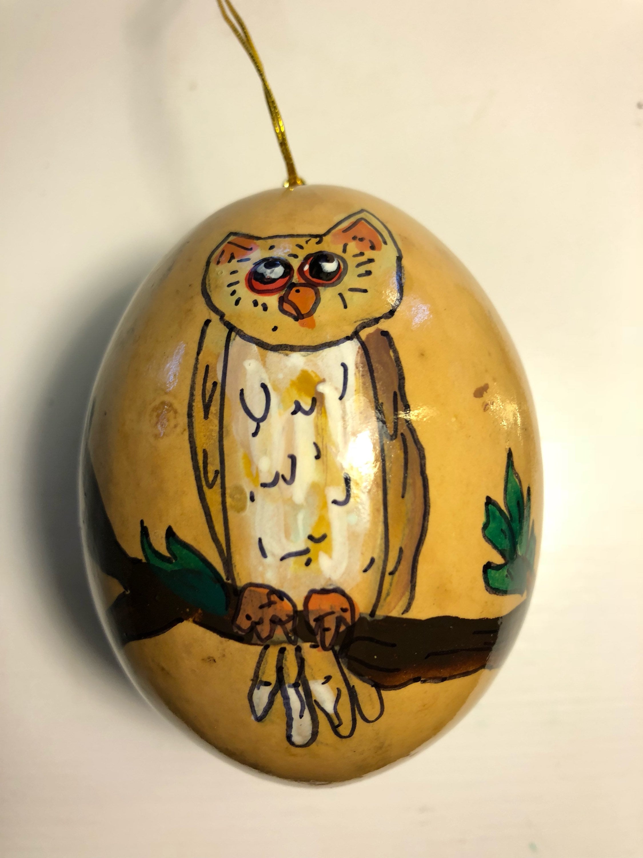 Great Horned Owl Hand-Painted Gourd Christmas Ornament by Santa Fe, New Mexico artist Sandy Short, w