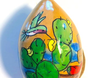 Hummingbird and Prickly-Pear Cactus Gourd,  Santa Fe, New Mexico Artist, Sandy Short, www.handpaintedgourds.com, Decorated gourd, succulent.