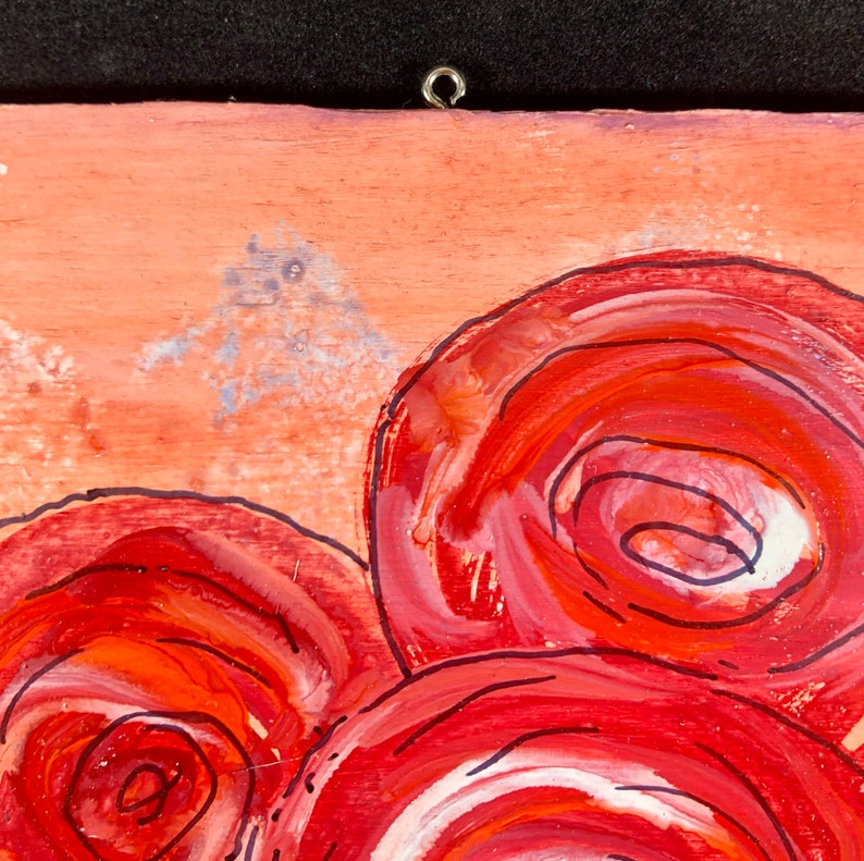 Red flowers Hand-painted watercolor on wood, by artist Sandy Short, www.handpaintedgourds.com. Ready to ship free. image 4