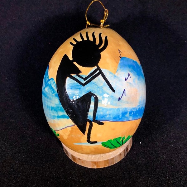 Kokopelli flute player Hand-Painted Gourd Christmas Ornament, Santa Fe, New Mexico artist Sandy Short www.handpaintedgourds.com.