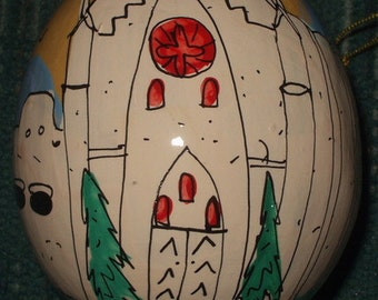 Loretto Chapel, Santa Fe, New Mexico Hand-Painted Gourd, Christmas Ornament, Santa Fe artist Sandy Short www.handpaintedgourds.com