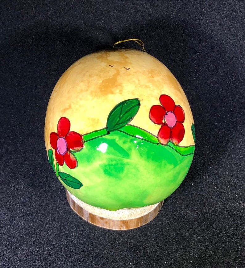 Hummingbird and pink flowers Handpainted Gourd Christmas Ornament by Santa Fe, New Mexico artist Sandy Short www.handpaintedgourds.com image 2