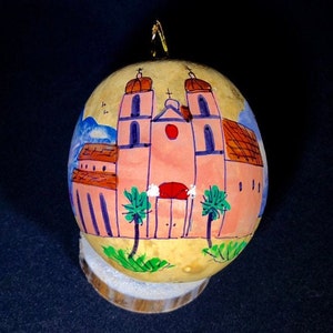 Mission Santa Barbara ornament Hand painted gourd ornament, www.handpaintedgourds.com Christmas, Santa Fe, New Mexico artist Sandy Short