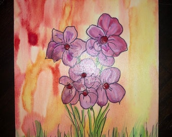 Wild flowers in a bunch- Hand-painted watercolor on wood, by NM artist Sandy Short, www.handpaintedgourds.com. Free shipping.
