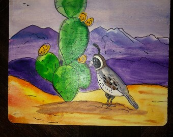 Quail and prickly pear,  Hand-painted watercolor on wood,- artist Sandy Short, www.handpaintedgourds.com. Free shipping.