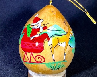 Santa sleigh Hand painted gourd ornament, Hand-Painted Gourd Christmas Ornament by artist Sandy Short. handpaintedgourds.com Gourd art.