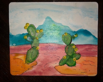 Prickly pear and mountains,  Hand-painted watercolor on wood,- artist Sandy Short, www.handpaintedgourds.com.  Free shipping.