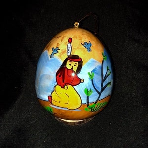 Bluebird maiden Hand-Painted Gourd Christmas Ornament-Santa Fe, New Mexico artist Sandy Short watercolor artist www.handpaintedgourds.com