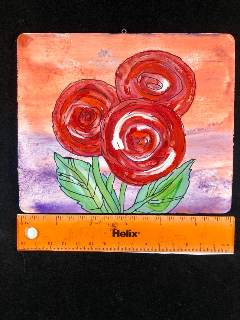 Red flowers Hand-painted watercolor on wood, by artist Sandy Short, www.handpaintedgourds.com. Ready to ship free. image 2