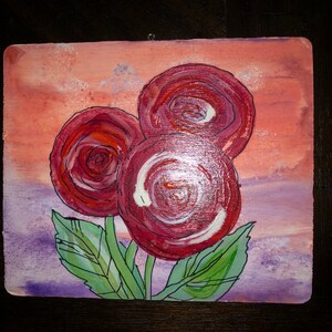 Red flowers Hand-painted watercolor on wood, by artist Sandy Short, www.handpaintedgourds.com. Ready to ship free. image 1