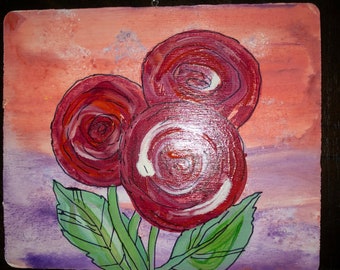 Red flowers Hand-painted watercolor on wood, by artist Sandy Short, www.handpaintedgourds.com. Ready to ship free.