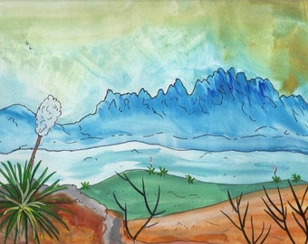 Organ Mountains with Yucca, Las Cruces, NM Download, Printable Wall Decor, Watercolor Art, Instant Download, Santa Fe, NM artist Sandy Short