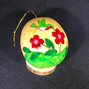 Hummingbird and pink flowers Handpainted Gourd Christmas Ornament by Santa Fe, New Mexico artist Sandy Short www.handpaintedgourds.com image 1
