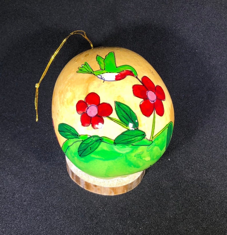 Hummingbird and pink flowers Handpainted Gourd Christmas Ornament by Santa Fe, New Mexico artist Sandy Short www.handpaintedgourds.com image 1