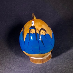 Blue pow wow Hand–painted Gourd Christmas Ornament by  Santa Fe, New Mexico Artist Sandy Short www.handpaintedgourds.com. Original artwork.