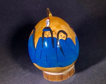 Blue pow wow Hand–painted Gourd Christmas Ornament by  Santa Fe, New Mexico Artist Sandy Short www.handpaintedgourds.com. Original artwork.
