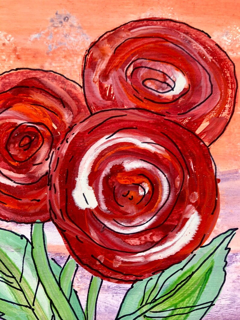 Red flowers Hand-painted watercolor on wood, by artist Sandy Short, www.handpaintedgourds.com. Ready to ship free. image 3