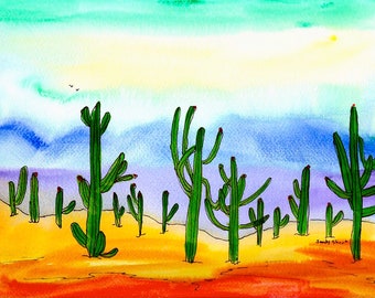 Saguaros with Sky, Phoenix, AZ Download, Printable Wall Decor, Watercolor Art, Instant Download, Arizona   Santa Fe, NM artist Sandy Short