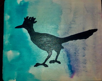 Roadrunner profile Hand-painted watercolor on wood,- artist Sandy Short, www.handpaintedgourds.com. Free shipping. SW Bird, New Mexico