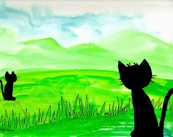 Black Cats Green Download, Printable Wall Decor, Watercolor Art, cat printable, cat scene Instant Download, by Santa Fe artist, Sandy Short.