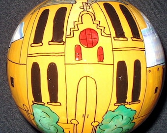 San Albino Basilica, Mesilla, NM, Hand Painted Gourd Christmas Ornament, Santa Fe, New Mexico artist Sandy Short www.handpaintedgourds.com