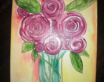 Red flowers in a vase. Hand-painted watercolor on wood, NM artist Sandy Short, www.handpaintedgourds.com. Free shipping.