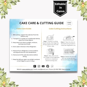 Editable Cake Care & Cutting Guide Template | Printable Cake Cutting Instructions | Canva Template for Bakeries | Cake Care Card Watercolor