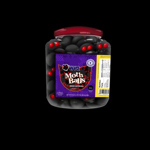 May include: A glass jar filled with black and red moth balls. The jar has a purple label with the text "WVA Moth Balls Baked Mothman" and a nutrition facts label.