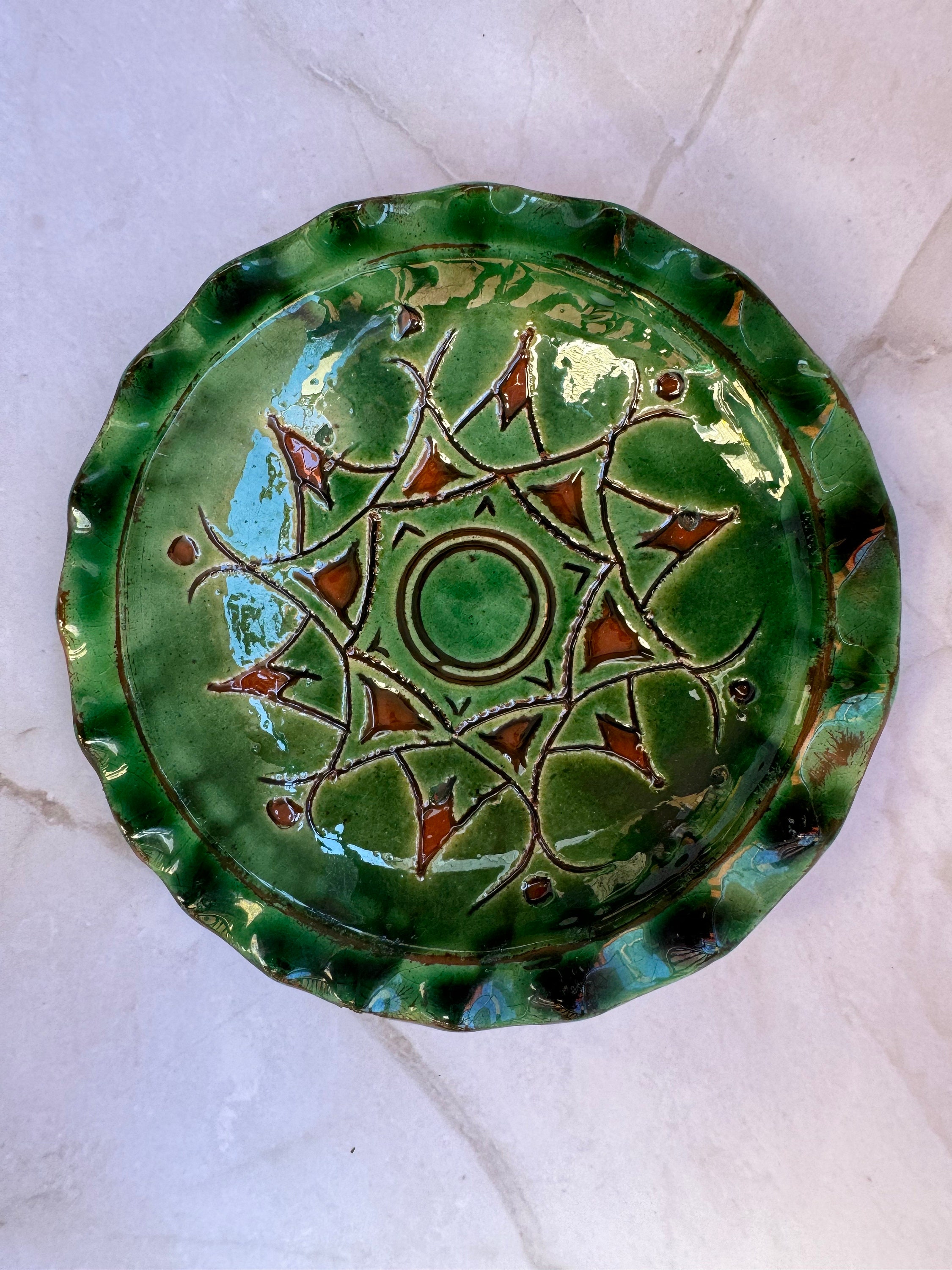 Vintage Gongora Ubeda Spanish Pottery Glazed Green Carved Trinket Dish ...