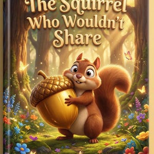 May include: A children's book cover titled "The Squirrel Who Wouldn't Share." It features a cartoon squirrel holding a large golden acorn, set in a colorful forest scene with butterflies and flowers. The book is published by Magic Ink Stories.