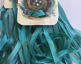 Aqua Blue Green Speckled Varigated Hand Dyed Silk Ribbon 7mm Crazy Quilting Pansy's Embroidery Multi Media snippet Wedding Quilt