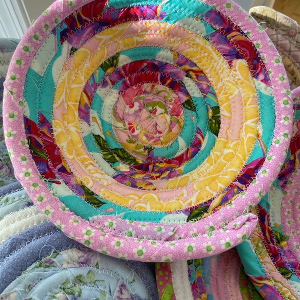 Fabric Coil Basket in Multi Colors Fiber Art