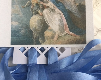 FREE SHIP Angel and Child Silk Image Soft Blue Variegated Silk Ribbon Kits for Crazy Quilting Snippets Scrapbooking Quilting