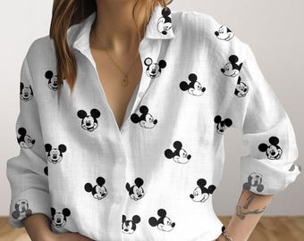 Blusa de Mickey Mouse, blusas de Disney Mouse para mujer, camisa informal de dibujos animados, camisa de verano de Mickey, camisa abotonada, camisa Magic Kingdom