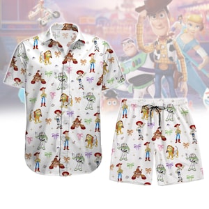 May include: White button-down shirt and matching shorts with a repeating pattern of Toy Story characters, including Woody, Buzz Lightyear, and Jessie. The characters are wearing their signature outfits and are surrounded by colourful bows.