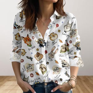 Disney Zootopia Characters Signature Blouse Shirt, Disneyland Blouse Shirt, Zootropolis Judy Hopps Nick Gary Nibbles Bogo Women Shirt