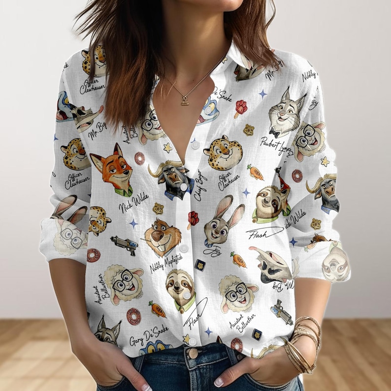 Disney Zootopia Characters Signature Blouse Shirt, Disneyland Blouse Shirt, Zootropolis Judy Hopps Nick Gary Nibbles Bogo Women Shirt