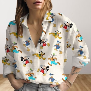 Vintage Mickey And Friends Look-Linen Shirt, Disney Characters Blouse Women Shirt, Mickey Minnie Donald Daisy Goofy Pluto Button Shirt