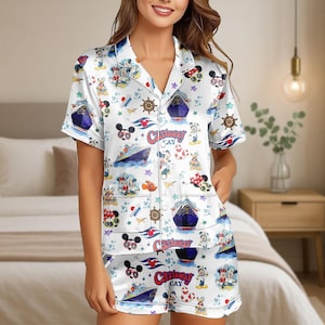 Mickey And Friends Cruise Satin Pajamas Set, Mickey Mouse Women Pajamas, Mickey Cruise Shirt, Disney Cruise Shorts Pajamas Gift For Her