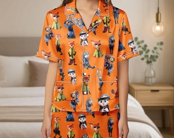 Pigiama in raso con personaggi Disney Zootropolis, pigiama con pantaloncini del film, pigiama da donna Disneyland, pigiama di Judy Hopps, Nick Wilde e Priscilla.