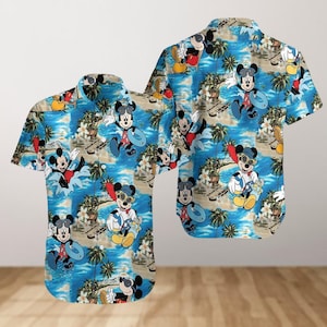 Camisa hawaiana de Mickey, camisa con botones de playa de Disney, atuendo para vacaciones tropicales, camisa de dibujos animados de verano, regalo de fiesta de surf de Mickey para él y ella