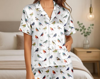 Pijama de satén con diseño de pájaros coloridos, pijama corto con estampado de animales, pijama para amantes de los pájaros, pijama para mujer, pijama natural a juego.