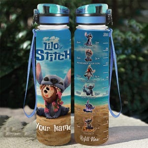 Custom Disney Lilo And Stitch Water Bottle With Time Tracker, Stitch Movie Bottle, 32oz Water Bottle, Motivational Bottle, Sport Bottle