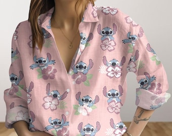 Cute Stitch Womens Blouse, Long Sleeve Shirt, Lilo And Stitch Button Shirt, Disney Movie Cartoon Shirt, Stitch Shirt, Disney Trip Shirt