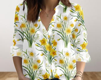 Jonquil March Birth Flower Women Shirt, Floral Button Up Shirt, Daffodil Wildflower Botanical Blouse Shirt, Casual Top, Gift For Her