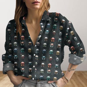 The Mandalorian Look-Linen Shirt, Star Wars Blouse Women Shirt, Funny Disney Summer Vacation Shirt, Galaxy&#39;s Edge Shirt, Aloha Shirt