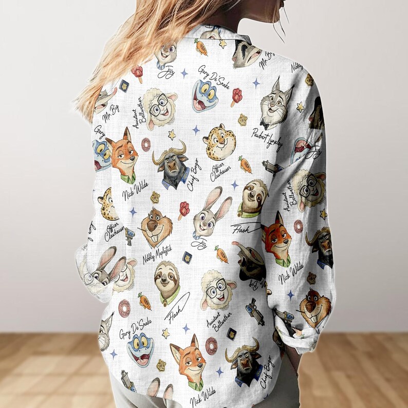 Disney Zootopia Characters Signature Blouse Shirt, Disneyland Blouse Shirt, Zootropolis Judy Hopps Nick Gary Nibbles Bogo Women Shirt