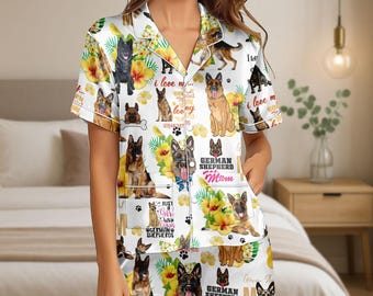 German Shepherd Dog Satin Pajamas Set, Dog Mom Short Pajamas, Dog Owner Women Pajamas, Pet Lover Matching Family Pajamas, Gift For Her
