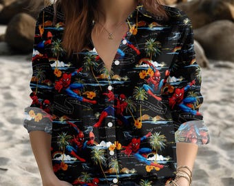 Spiderman Bluse Shirt, Spidey Casual Button Up Shirt, Disney Cartoon Frauen Shirt, Magic Kingdom Shirt, Superheld Shirt, Halloween Geschenk
